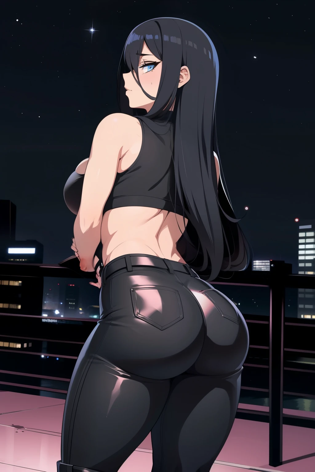 20 year old woman, busty, bubble butt, huge ass, hourglass figure, skinny, blushing, frustrated expression, horny, seductive, black hair, long hair, straight hair, wearing wearing leather zipped sports bra, leather trousers, belt, heeled boots, tight fitting clothing, middrift, cleavage, anime, city at night, outside, punk, punk style, punk hair, doujin style, manga, flat colours, ass focus