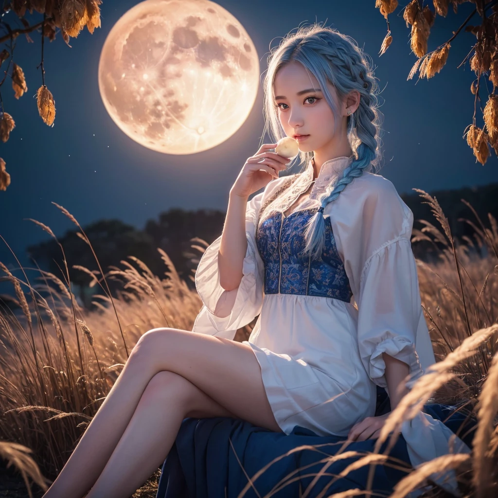 Sky blue hair, (Braided medium hair), (Pink eyes),Fair skin)  ,(whole body),(One Girl),(harvest moon),(A large amount of Miscanthus sinensis in the background),(full moon),(masterpiece, Highest quality, Very detailed, Best Shadow), (Detailed Background), (Beautifully detailed face), High Contrast, (Best lighting, Very delicate and beautiful), ((Cinematic Light)), Hyper Detail,8k, Dramatic Light, Intricate details,(Sitting and eating rice dumplings)