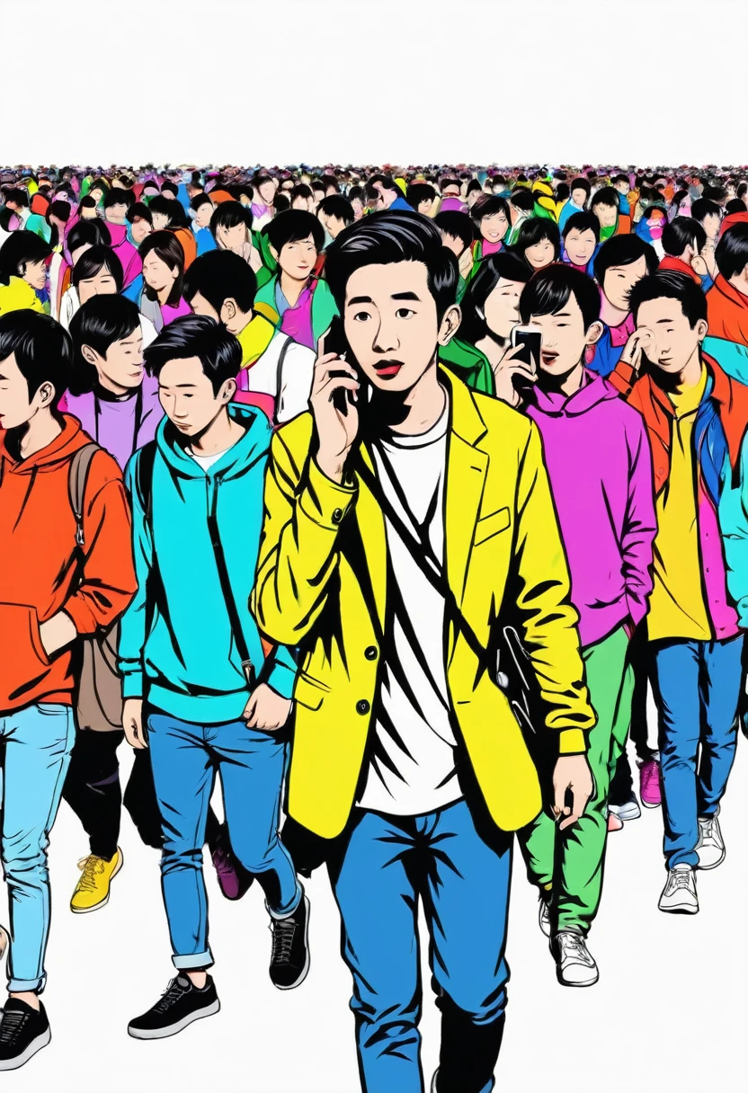 low quality、Pop Art、A lot of people、［Walking side by side］、Holding a smartphone to your ear、Colorful clothes、another々Clothes、White background