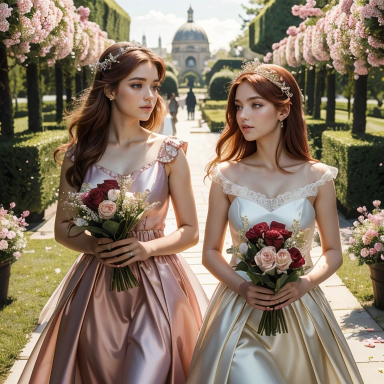 (masterpiece, best quality:1.5), highest quality, High resolution, super detailed, Realists, Upper body photo of a redhead bridesmaid, detailed and beautiful eyes, beautiful detailed lips, very detailed eyes and face, longeyelashes, Bridesmaid in a short purple dress made of shiny satin fabric, Beautiful and colorful makeup, elegant and noble々Pose,shiny satin headband, grind, Holding flowers, Gardens as background, soft daylight, bright colors, fine brushstrokes, Portrait style, Noble details in the dress fabric, beautiful color palette, glowing skin, First-class rendering, that captures every detail, enchanting atmosphere, subtle shadows and lights, (perfect ???????:1.2), (The two stunning bridesmaids hold flowers and wedding rings, (magnificent panorama view:1.2)