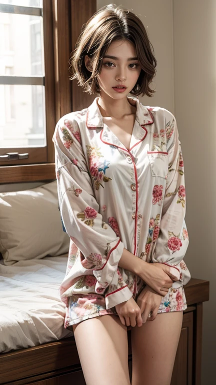Sleepy girl, 22 years old, Realistic, she is wearing shorts, She is wearing floral pajamas, short hair.