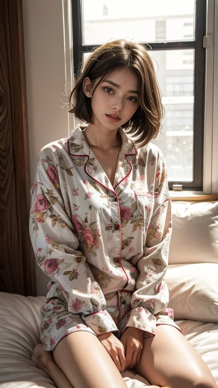 Sleepy girl, 22 years old, Realistic, she is wearing shorts, She is wearing floral pajamas, short hair.