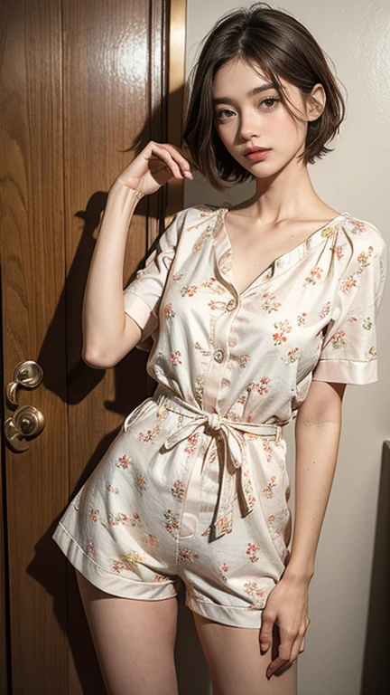 Sleepy girl, 22 years old, Realistic, she is wearing shorts, She is wearing floral pajamas, short hair.