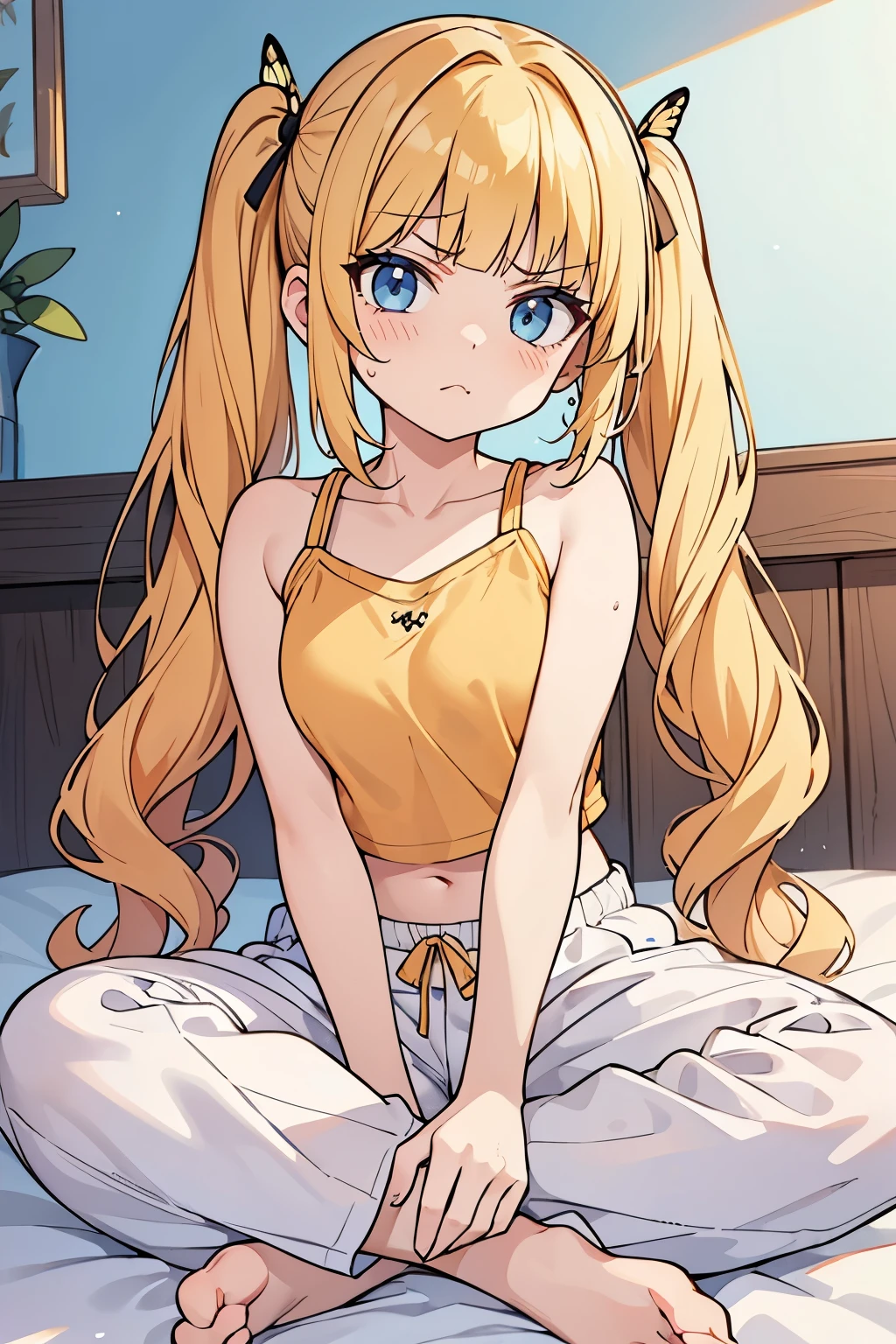 masterpiece, solo girl, (young female body:1.4), (small breasts), cowboy shot, flustered, yellow golden hair, extra gold long hair, thick wavy hair, hime cut, blunt bangs, crystal blue eyes, light blue detailed eyes, bedroom background, orange and white pyjamas, socks, white pyjama pants, short sleeping shorts, light orange tank top, short oversized orange top, crop top, short sleeves, wavy curly voluminous twintails, huge twin tails, voluminous curly hair, butterfly sitting, crossed legs, white ribbon, tilted head