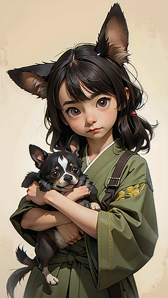 (masterpiece: 1.2, Highest quality),Brindle colored chihuahua,Spotted dog、Japanese painting, rough sketch, Horror elements, 、Shaggy hair