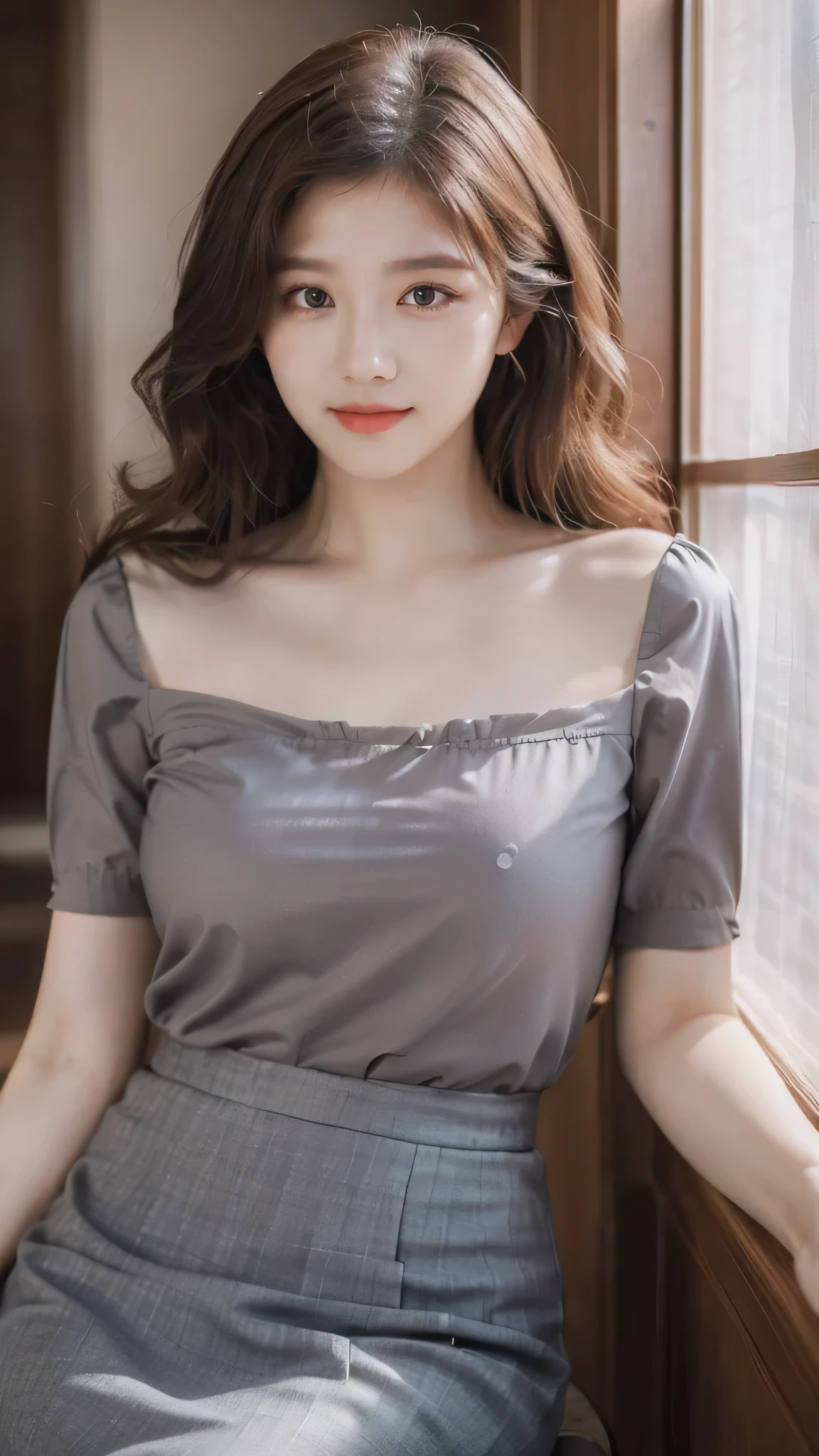 detailed background, masterpiece, best quality, 1 person , curly hair, long hair, purple eyes, star in eye , grey Strapless blouse, long skirt, grey, tight , grey blouse