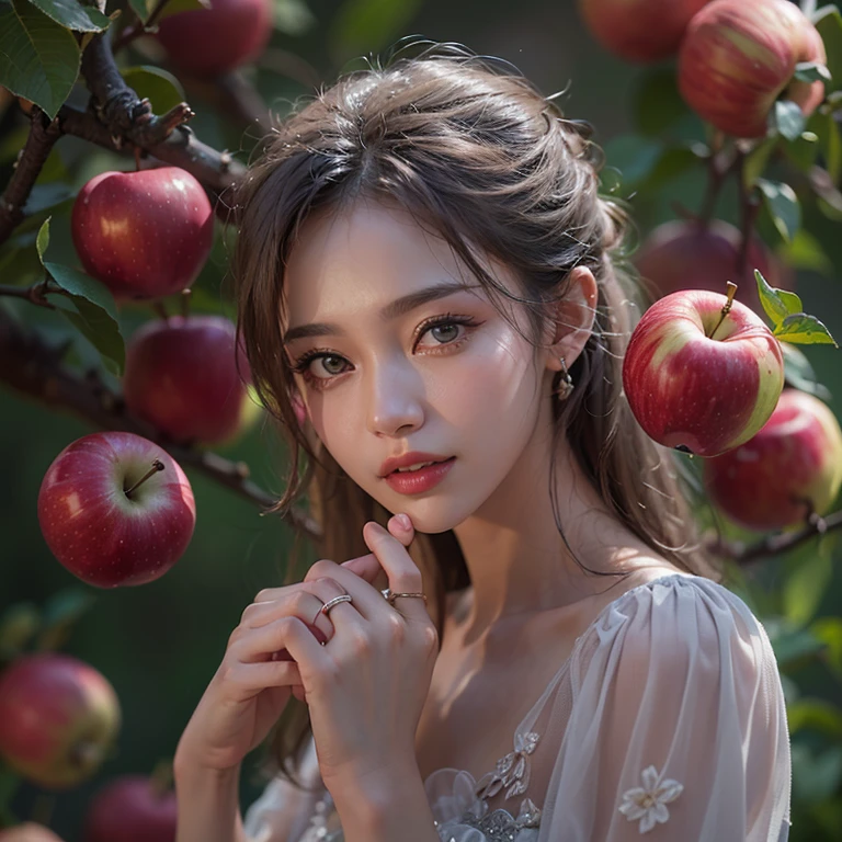 A woman holding an apple stands on top of a hill、Gothic Dress、1 girl, Highest quality, masterpiece, Ultra-high resolution, (Realistic:1.4), RAW Photos, 1 girl, Cinema Lighting,((Highest quality、masterpiece、8k、Best image quality、Ultra-high resolution、Award-winning works)、(Accurate anatomy:1.1)、Highly detailed face、Attention to detail、double eyelid、Sharp focus:1.2、Beautiful woman:1.4、Highest quality、masterpiece、Ultra-high resolution、(Realistic:1.4)、Highly detailed and professionally lit smiles、Serious expression、Two Arms, Complete Hそして, Beautiful body, Beautiful fingers, Normal finger, Five Fingers, Five Fingers, (Thumb Index Finger Ring Finger), Beautiful ears、 Normal ear, Beautiful Eyes, Shining Eyes, Beautiful mouth, Beautiful Lips,A lot of apples are falling