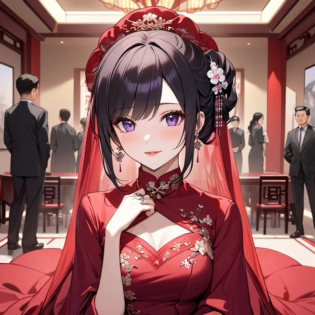 ((Highest quality)), ((masterpiece)), (detailed), （Perfect Face）、The woman is a Chinese woman named Kocho Shinobu.。, Purple gradient bob black hair and formal evening hairstyles. She is wearing an engagement ring. She is a prominent member of the Chinese Communist Party.、She is the wife of a great old Communist Party official.、The woman is beautifully dressed in a gorgeous red wedding dress and red wedding veil, typical of the Chinese Communist Party.、An elegant Chinese lady in a posh room