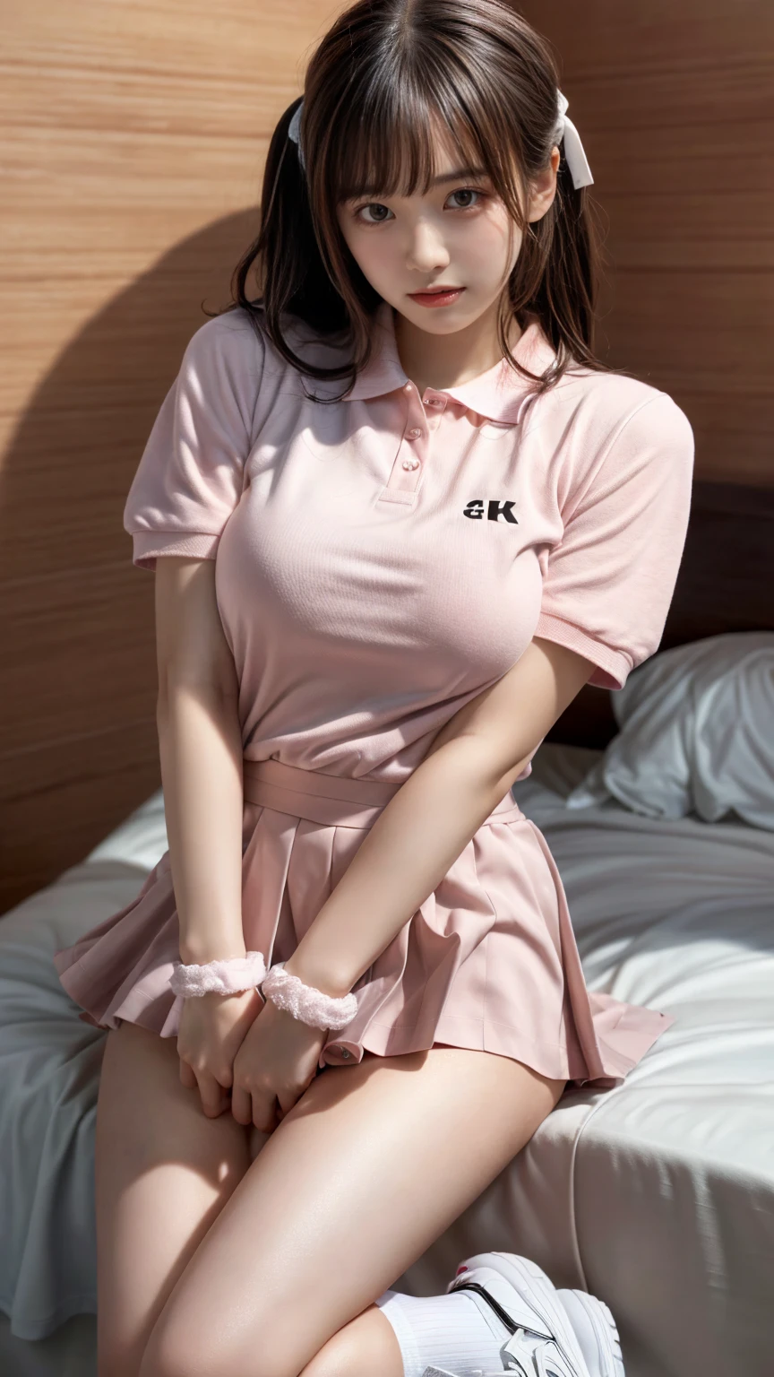 (absurdres:1.3), (highres:1.3), (ultra detailed:1.3),(1girl:1.3), (extremely detailed CG unity 8k wallpaper:1.3), (detailed skin texture, detailed cloth texture, detailed hair texture), (beautiful detailed face, supermodel, pale skin, realistic glistening skin), (RAW photo, best quality), (realistic, photo-realistic:1.4), masterpiece, extremely delicate and beautiful,Amazing, finely detail, extremely detailed CG unity 8k wallpaper, huge filesize, ultra-detailed, highres, absurdres, soft light,rim light, vibrant details, hotel room, straight hair, large breasts, black hair color, Big Natural Color Lip, (perfect body shape), beautiful legs, BREAK (white theme:1.4), (tucked-out short sleeve white polo shirt:1.4), (pink lines on tops outline:1.3), (pure white pleated mini skirt:1.3), (hem of top covers top half of skirt:1.3), (pink fluffy scrunchie on wrist:1.3), (white and pink sports shoes:1.2), crying a little、little smile, Harajuku style、20 year old girl、cute type、lolita、standing