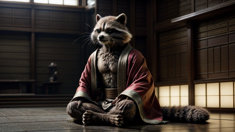 mcu, rocket raccoon, raccoon, male, skinny, buldge, detailed fur, red kimono, japan, exquisite katana long, gloomy light, Pensive expression, meditation posture, full body, film photography, realistic, masterpiece, best quality, ultra realistic, 8k