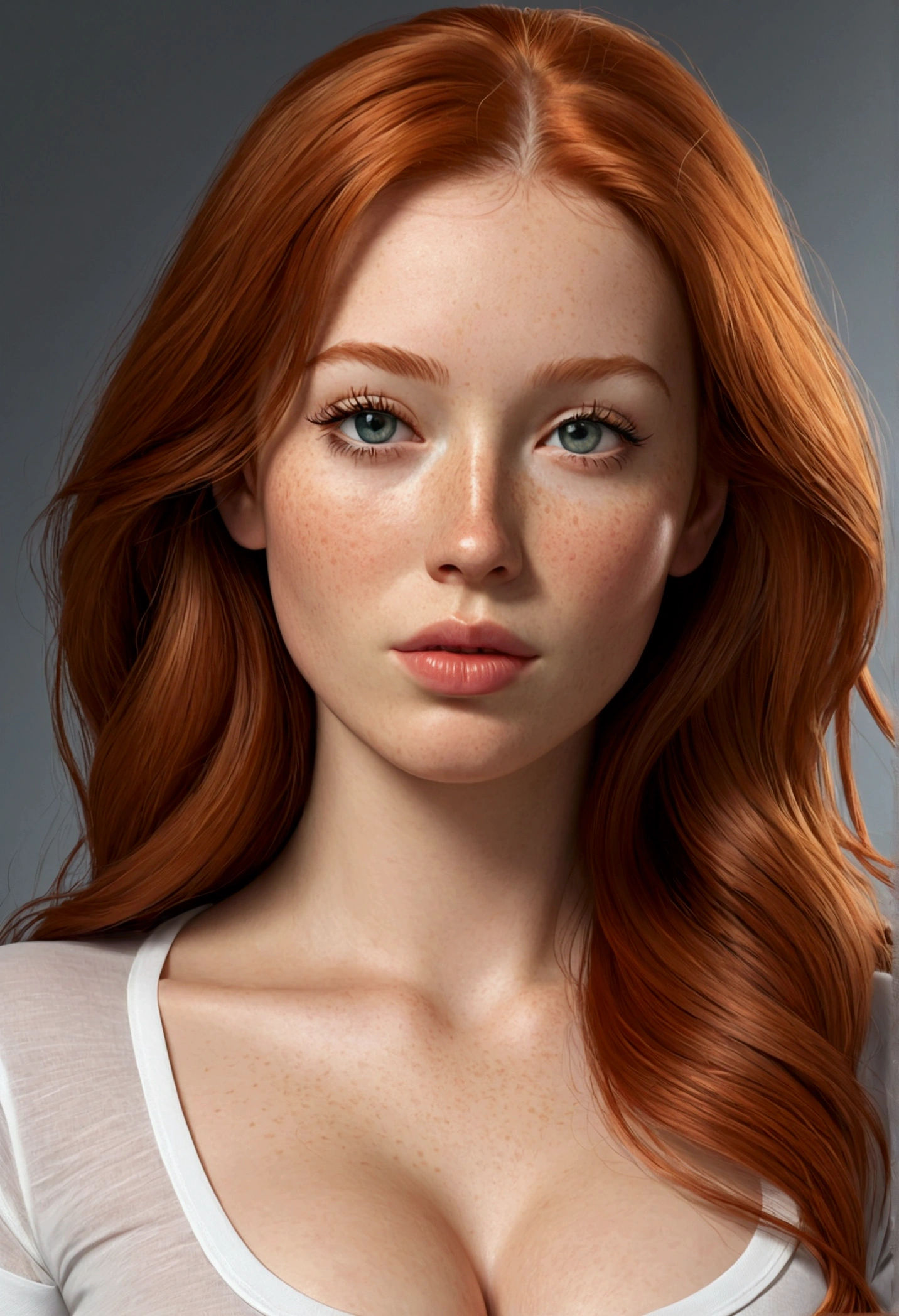 photorealistic image of a woman, ultrarealistic, photography, long red hair, woman, 24 years old, hourglass figure, perfect body, Flirty look, natural medium breasts, Ginger long hair, t shirt jeans,  woman, relaxed, clear skin, high cheekbones, tight shirt, bumps, braless, perky, realistic, detailed skin, realistic eyes,  white shirt, tight, sheer, detailed realistic skin light freckles, big eyelashes, pouty lips. 