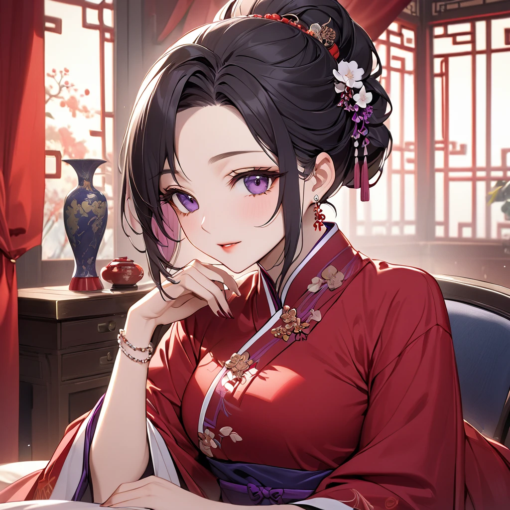 ((Highest quality)), ((masterpiece)), (detailed), (Perfect Face)、The woman is a Chinese woman named Kocho Shinobu.。, Purple gradient bob black hair and formal evening hairstyles. She is wearing an engagement ring. She is a prominent member of the Chinese Communist Party.、She is the wife of a great old Communist Party official.、The woman is beautifully dressed in the gorgeous and gorgeous red Hanfu that is typical of the Chinese Communist Party.、An elegant Chinese lady in a posh room