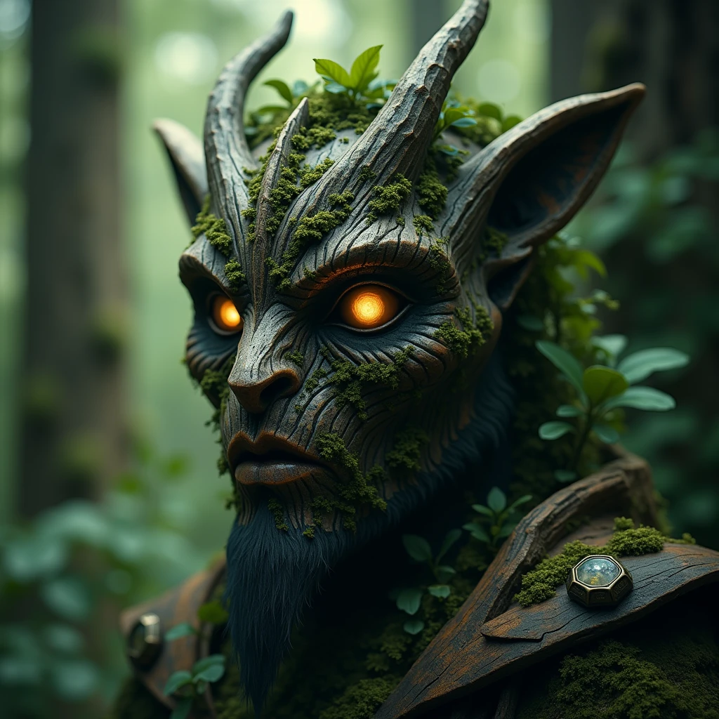 A mythical forest guardian wearing a mask made of wood, leaves, and vines, blending seamlessly with the natural surroundings. The mask is ancient, with glowing eyes that watch over the forest with wisdom and vigilance. (high resolution, ultra detailed, 8K, cinematic lighting, photorealistic, fantasy theme, nature atmosphere)