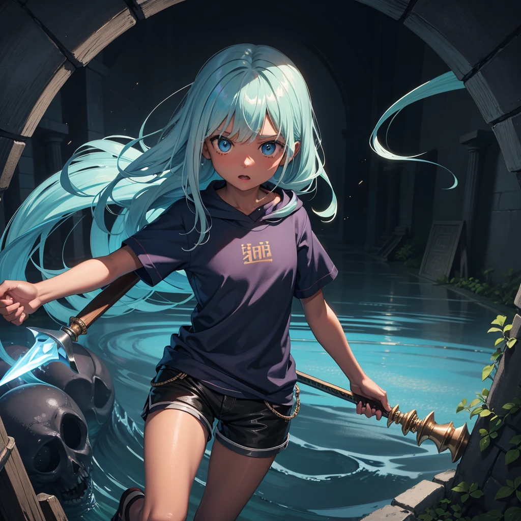 最high quality、high quality、Simple cloth clothing、10Year old girl adventurer、Climb the maze stairs、Shorts、Equipped with a dagger and a shield、In a dark maze、The body is being swallowed by slime