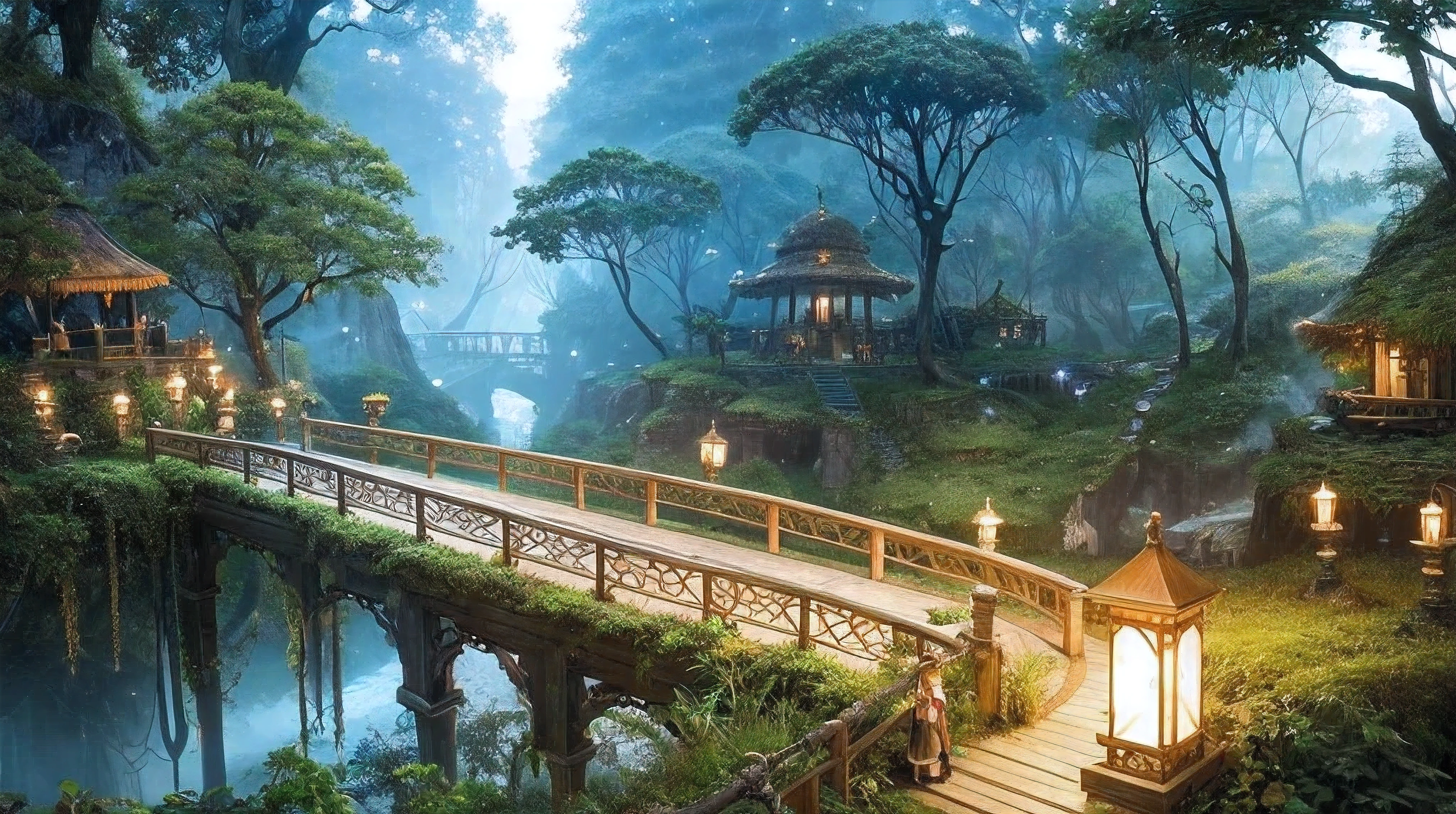 A bridge in the middle of the jungle, ancient relics, fantasy forest scenery, firefly light, elf forset