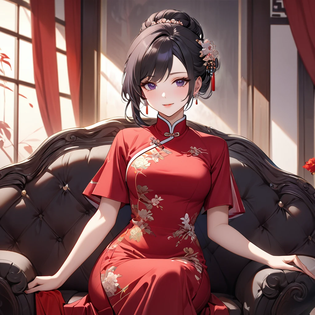 ((Highest quality)), ((masterpiece)), (detailed), （Perfect Face）、The woman is a Chinese woman named Kocho Shinobu.。, Purple gradient bob black hair and formal evening hairstyles. She is wearing an engagement ring. She is a prominent member of the Chinese Communist Party.、She is the wife of a great old Communist Party official.、The woman is beautifully dressed in a gorgeous and glamorous vintage red cheongsam, typical of the Chinese Communist Party.、An elegant Chinese lady in a posh room