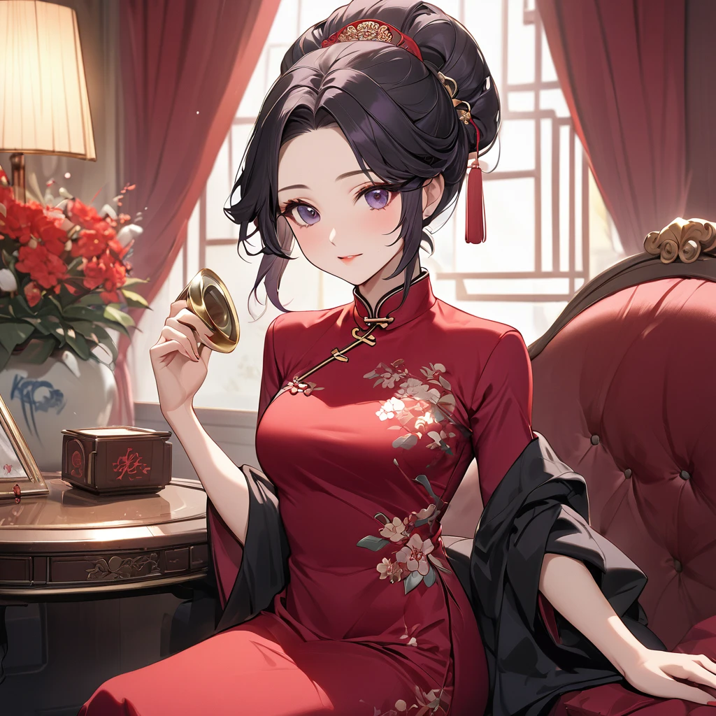 ((Highest quality)), ((masterpiece)), (detailed), （Perfect Face）、The woman is a Chinese woman named Kocho Shinobu.。, Purple gradient bob black hair and formal evening hairstyles. She is wearing an engagement ring. She is a prominent member of the Chinese Communist Party.、She is the wife of a great old Communist Party official.、The woman is beautifully dressed in a gorgeous and glamorous vintage red cheongsam, typical of the Chinese Communist Party.、An elegant Chinese lady in a posh room