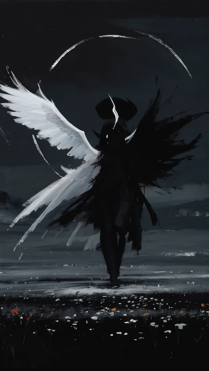 Create an image in dark, moody colors, depicting a distant figure in white with long white wings in a field among flowers. The background should be dark and atmospheric, with low clouds and dim lighting. Pay attention to the details of the wings and overall composition to convey a sense of mysticism and dark beauty. (masterpiece, best quality, high quality, highres), dark, sun, winter, monster, field of grass,(oil painting:1.2)