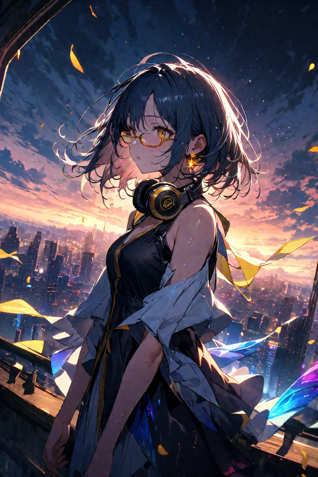 up-and-coming works of art, best quality, super fine, 16k, incredibly absurdres, extremely detailed, beautiful ephemeral girl stands in the city,(((semi-rimless yellow eyewear:1.3))), (headphone around neck:1.2), bedroom eyes, wet short hair, messy hair, sparkling dress, sparkling earrings, wind, wind-effect, moonlit night view, (magnificent view:1.2), clockmetal, falling iridescent petals