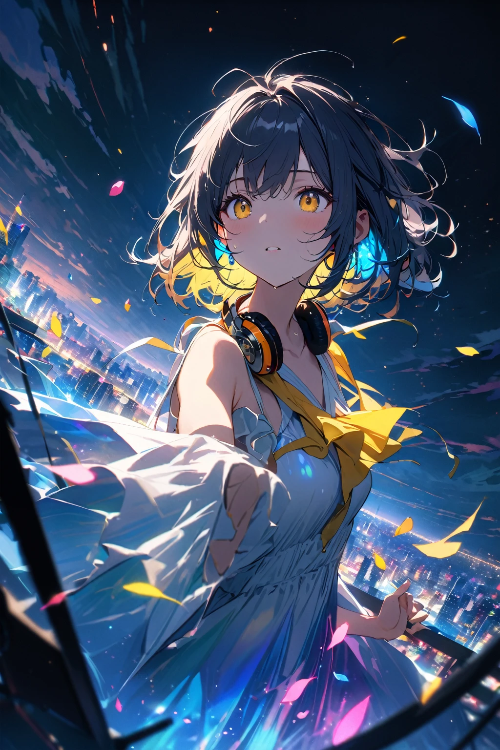 up-and-coming works of art, best quality, super fine, 16k, incredibly absurdres, extremely detailed, beautiful ephemeral girl stands in the city,(((semi-rimless yellow eyewear:1.3))), (headphone around neck:1.2), bedroom eyes, wet short hair, messy hair, sparkling dress, sparkling earrings, wind, wind-effect, moonlit night view, (magnificent view:1.2), clockmetal, falling iridescent petals