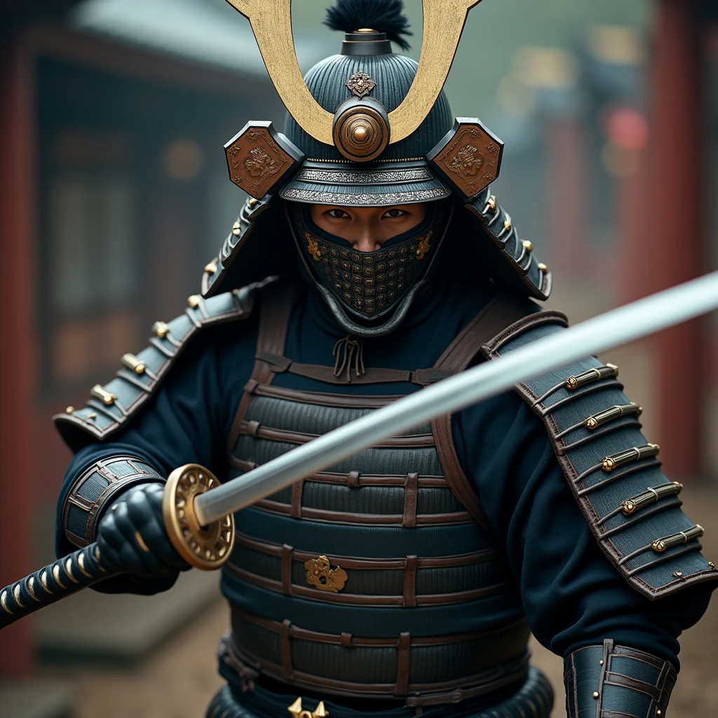 A samurai warrior wearing a traditional menpo (mask) that covers the lower half of their face, with fierce expression and intricate design. The warrior is poised for combat, with their katana drawn, embodying the discipline and honor of the samurai code. (masterpiece, ultra detailed, 8K, high resolution, cinematic lighting, photorealistic, historical theme)