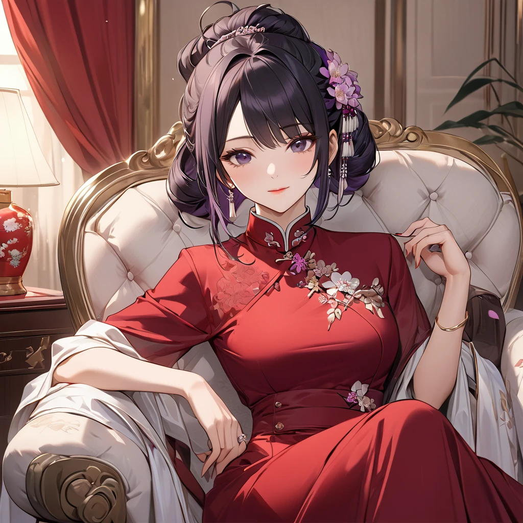 ((Highest quality)), ((masterpiece)), (detailed), （Perfect Face）、The woman is a Chinese woman named Kocho Shinobu.。, Purple gradient bob black hair and formal evening hairstyles. She is wearing an engagement ring. She is a prominent member of the Chinese Communist Party.、She is the wife of a great old Communist Party official.、The woman is beautifully dressed in a gorgeous and glamorous vintage red dress typical of the Chinese Communist Party.、An elegant Chinese lady in a posh room