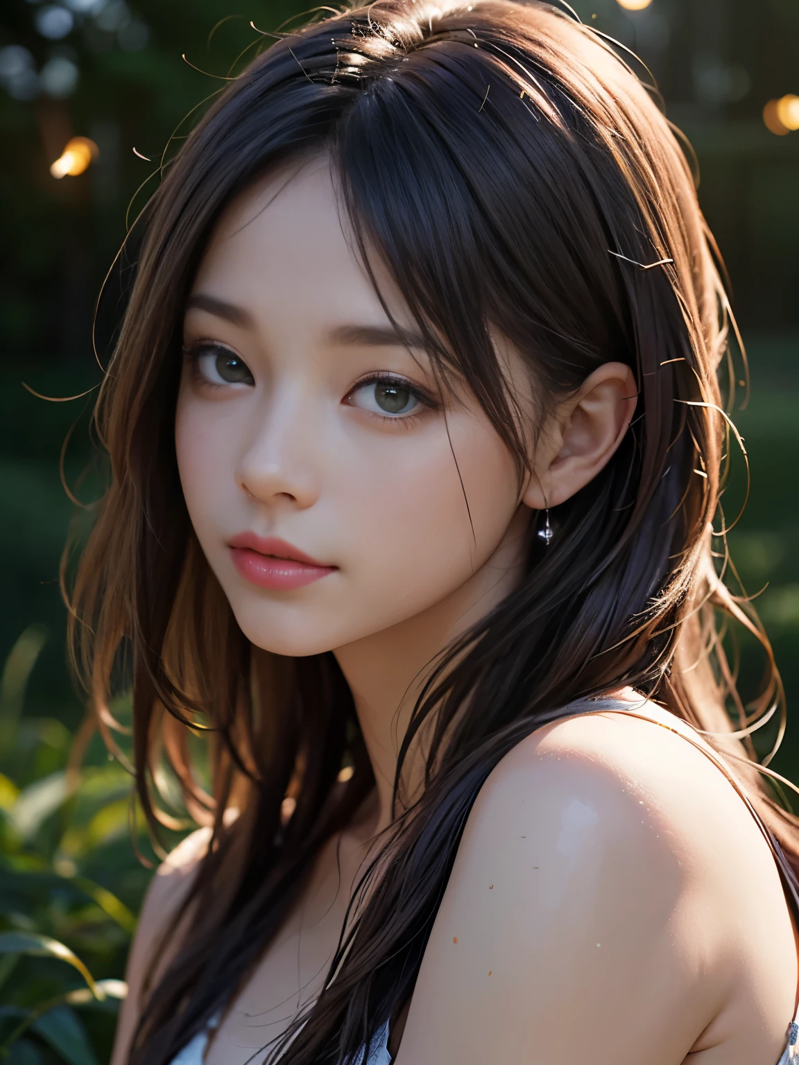 (8k, Highest quality, masterpiece: 1.2), (Realistic, photoRealistic: 1.37), Very detailed, One Girl, Wide viewing angles, Firefly Garden, Many small lights and fireflies are flying around, night, Yasutomo Oka's painting style, Big Breasts, Intricate details, Splash screen, 8k解像度, masterpiece, Gentle smile, Mysterious Background, aura, A gentle gaze, break, blonde, dynamic sexy pose,