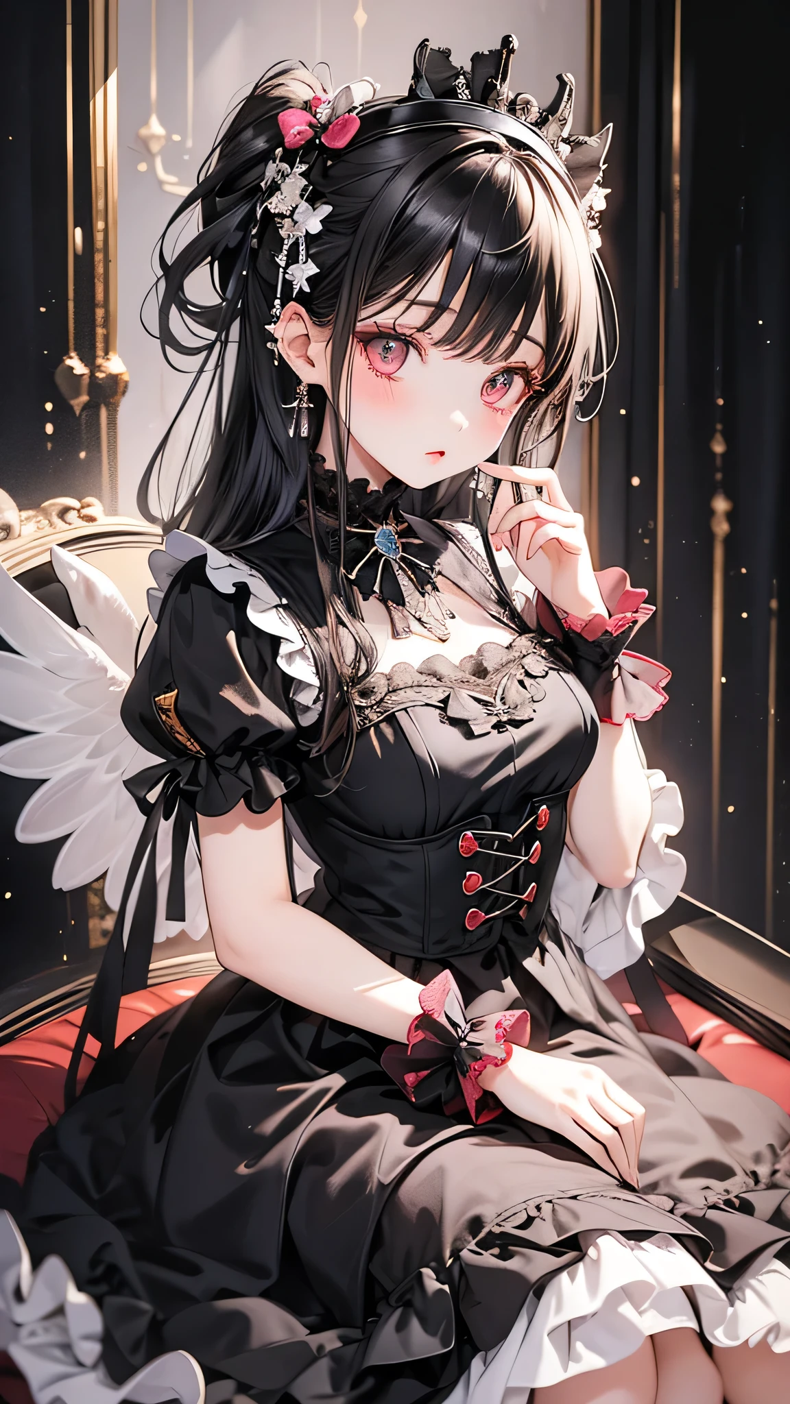 Baroque, Gothic Lolita, cute, One girl, alone, whole body, (Detailed clothing), (Beautifully detailed face), (Beautiful attention to detail), Black sofa, Black Dress, Absurd, White lace, High resolution, Super detailed, Most detailed, Red lips