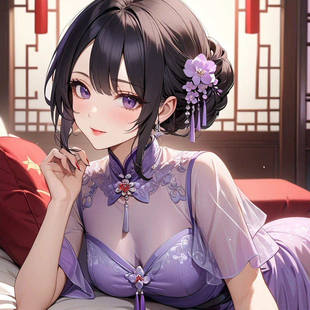 ((Highest quality)), ((masterpiece)), (detailed), (Perfect Face)、The woman is a Chinese woman named Kocho Shinobu.。, Purple gradient bob black hair and formal evening hairstyles. She is wearing an engagement ring. She is a prominent member of the Chinese Communist Party.、She is the wife of a great old Communist Party official.、The woman is beautifully dressed in a gorgeous, glamorous red see-through nightgown typical of the Chinese Communist Party.、An elegant Chinese lady in a posh room