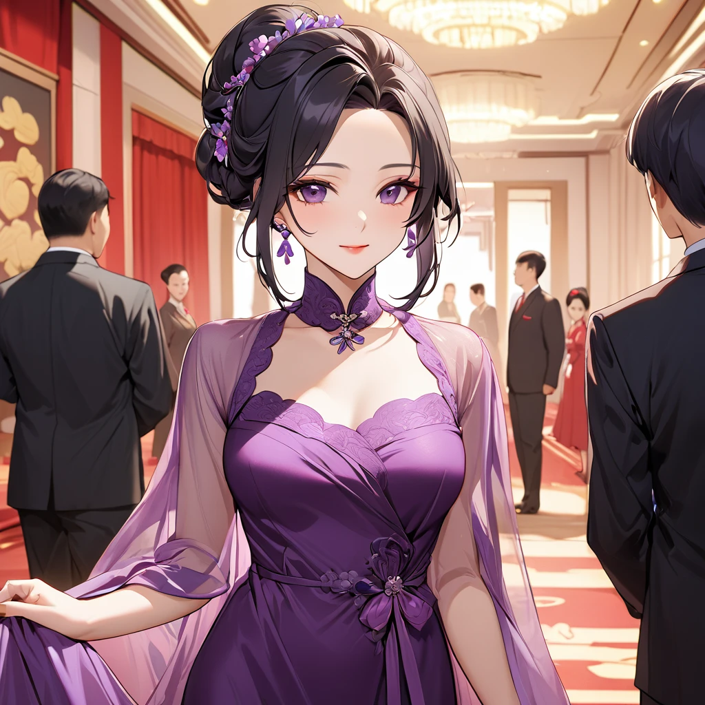 ((Highest quality)), ((masterpiece)), (detailed), （Perfect Face）、The woman is a Chinese woman named Kocho Shinobu.。, Purple gradient bob black hair and formal evening hairstyles. She is wearing an engagement ring. She is a prominent member of the Chinese Communist Party.、She is the wife of a great old Communist Party official.、The woman is beautifully dressed in a gorgeous, glamorous red see-through nightgown typical of the Chinese Communist Party.、An elegant Chinese lady in a posh room