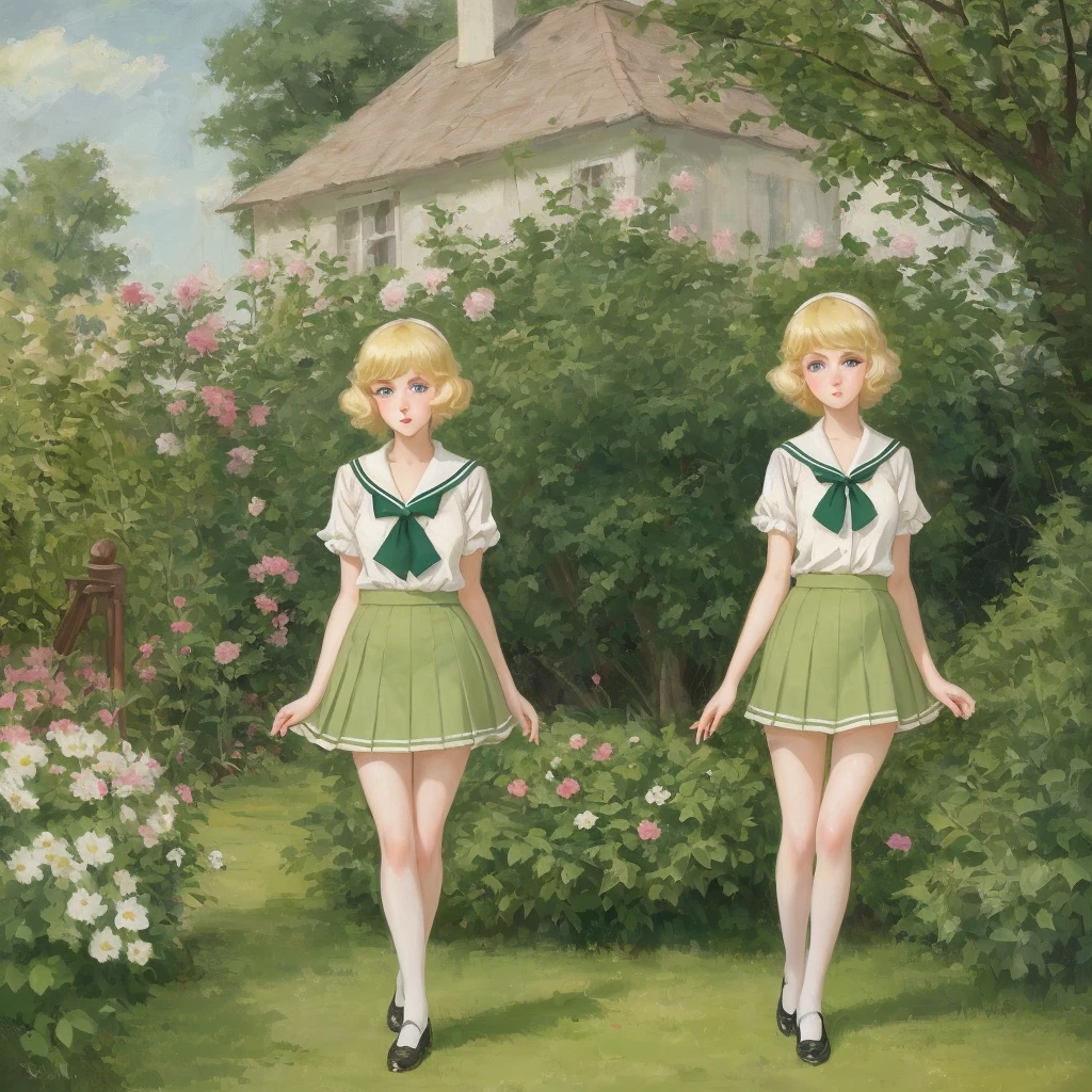 3 girls, long hair, Big , Blushing, blond, Green-eyed sailor suit short skirt 1933 style cute and beautiful girl 18 years old in the garden beautiful long legs high resolution, best quality, masterpiece, Lift skirt high resolution, 