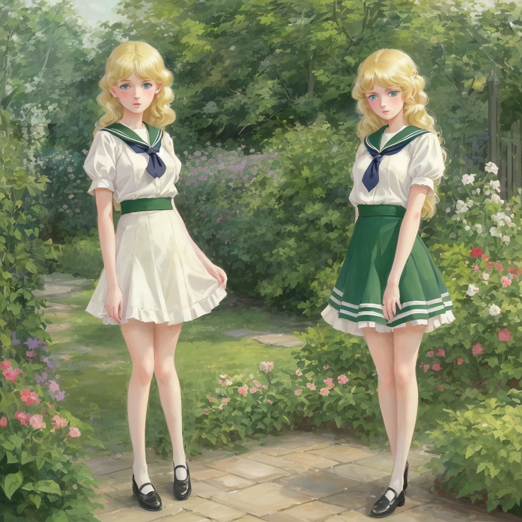 3 girls, long hair, Big , Blushing, blond, Green-eyed sailor suit short skirt 1933 style cute and beautiful girl 18 years old in the garden beautiful long legs high resolution, best quality, masterpiece, Lift skirt high resolution, 