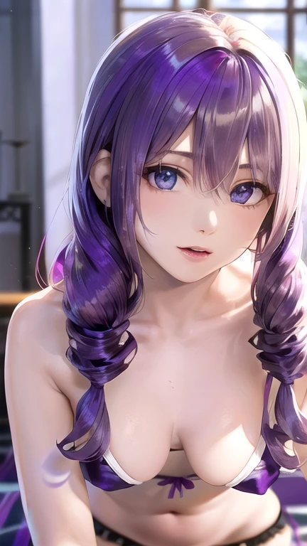 Hatsune Miku,The bikini area is small,sexly,Bikini white,The body is thin,Small breasts,Age 25,Beautiful whole body style,(masterpiece, Highest quality, Beautiful quality),(Hair color is light purple:2.0), body,Beautiful eyes drawn in detail,