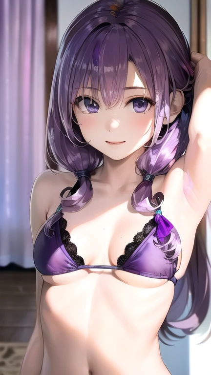 unreal engine, best quality, very aesthetic, absurdres, nsfw, xxx, 1girl, nozomi \(princess connect!\), princess connect!, hug breasts, seductive smile, topless, lens-flare, depth of field, dynamic angle, on bed, swet, orgasms, purple hair,  hair band, pov, masturbation, touch pussy, slingshot bikini