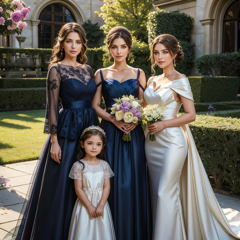 (masterpiece, best quality:1.5), highest quality, High resolution, super detailed, Realists, Upper body photo of a brunette 50 year old woman, detailed and beautiful eyes, beautiful detailed lips, very detailed eyes and face, longeyelashes, Mother of the bride dress made of shiny satin fabric, Beautiful and colorful makeup, elegant and noble々Pose,shiny satin headband, grind, Holding flowers, Gardens as background, soft daylight, bright colors, fine brushstrokes, Portrait style, Noble details in the dress fabric, beautiful color palette, glowing skin, First-class rendering, that captures every detail, enchanting atmosphere, subtle shadows and lights, (perfect anatomy:1.2), (The stunning mother of the bride stands next to a young 18 year old bridesmaid and a 14 year old flower girl, (magnificent panorama view:1.2)