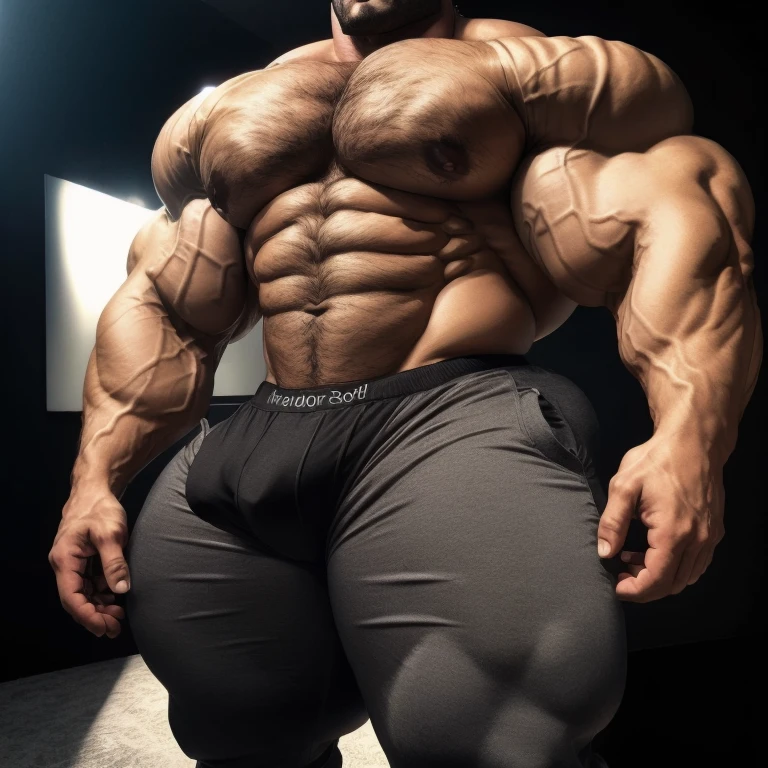 vpl, Bulge, hyper growth, hyper muscles, furry growth, a very handsome young man, sunglasses, shirtless wearing gray long pants, massively large bulge, exaggeratedly huge bulge, exaggeratedly huge vpl, on a black background