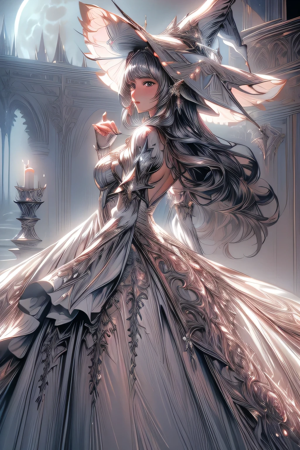 (masterpiece, best quality, detailed, intricate, limited palette, glowing), fantasy, fairytale, oil painting, luminous (solo), dynamic angle, woman, frilled dress, frills, (silver \(metal\) dress), (white mage robe), (edgWHM), full moon, moonlight, hat, gloves, stockings big pregnant belly.