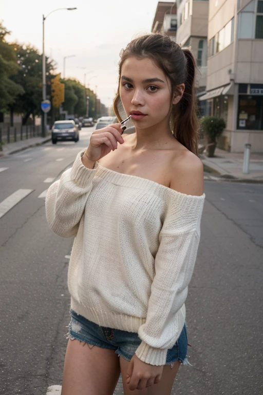 ((Mejor calidad)), ((obra maestra)), (detallado), cara perfecta, mandy kay, sonriente, off-shoulder sweater, cabello rizado, 18 years old, looking to the camera.