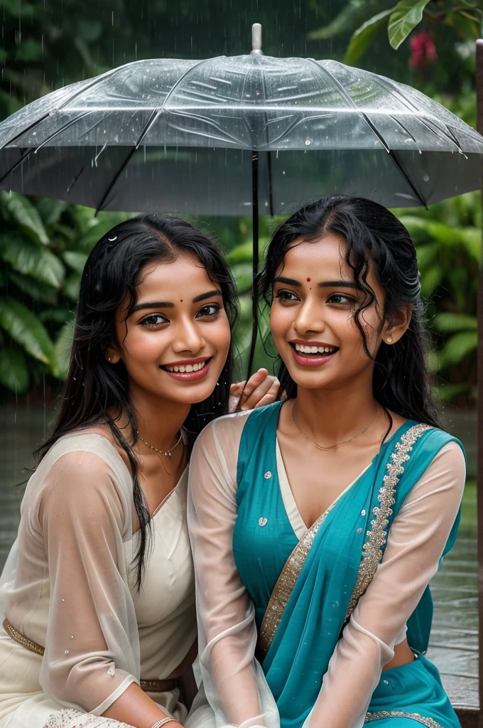 Ah, the romantic allure of rain! 🌧️ Two Indian couples sitting together, sharing an umbrella, their laughter blending with the pitter-patter of raindrops. The monsoon paints a beautiful backdrop for their connection – a moment frozen in time, hearts entwined. ❤️🌿