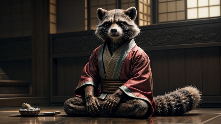 mcu, rocket raccoon, raccoon, male, skinny, buldge, detailed fur, red kimono, japan, exquisite katana long, gloomy light, Pensive expression, meditation posture, full body, film photography, realistic, masterpiece, best quality, ultra realistic, 8k