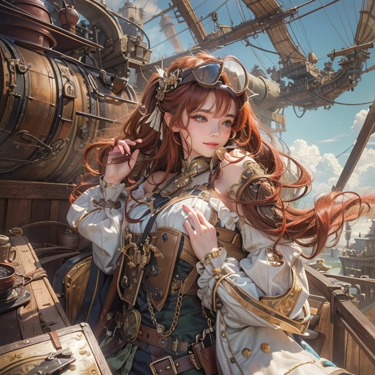 masterpiece:1.3), (8k, Realistic, RAW Photos, Best imYear quality: 1.4)、 Year,(Random Hairstyles:1.2)、CleavYear:1.2、Highly detailed face、Attention to detail、double eyelid、Chest to chest、Sharp focus:1.2、Beautiful woman:1.4、Redhead、Highest quality、masterpiece、Ultra-high resolution、(Realistic:1.4)、Highly detailed and professionally lit smiles、Loose fitting steampunk outfit、Shoulder out、thin、Serious expression、Clouds seen from inside the airship、goggles
