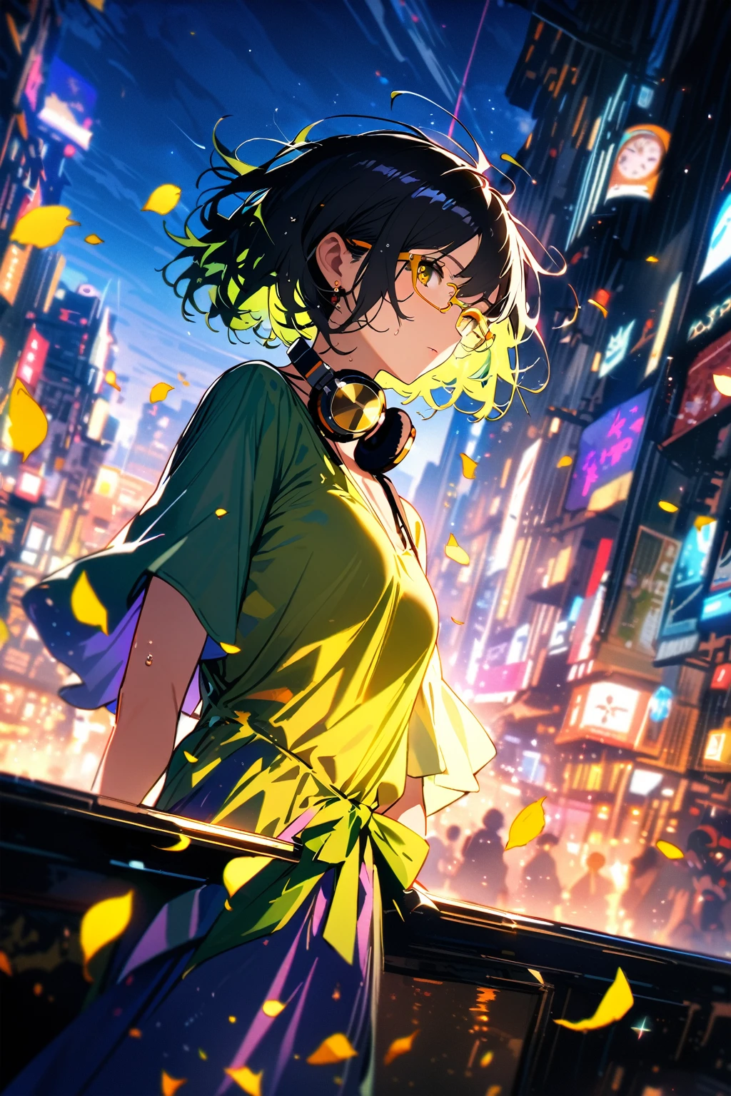up-and-coming works of art, best quality, super fine, 16k, incredibly absurdres, extremely detailed, beautiful ephemeral girl stands in the city,(((semi-rimless yellow eyewear:1.3))), (headphone around neck:1.2), bedroom eyes, wet short hair, messy hair, sparkling dress, sparkling earrings, wind, wind-effect, moonlit night view, (magnificent view:1.2), clockmetal, falling iridescent petals