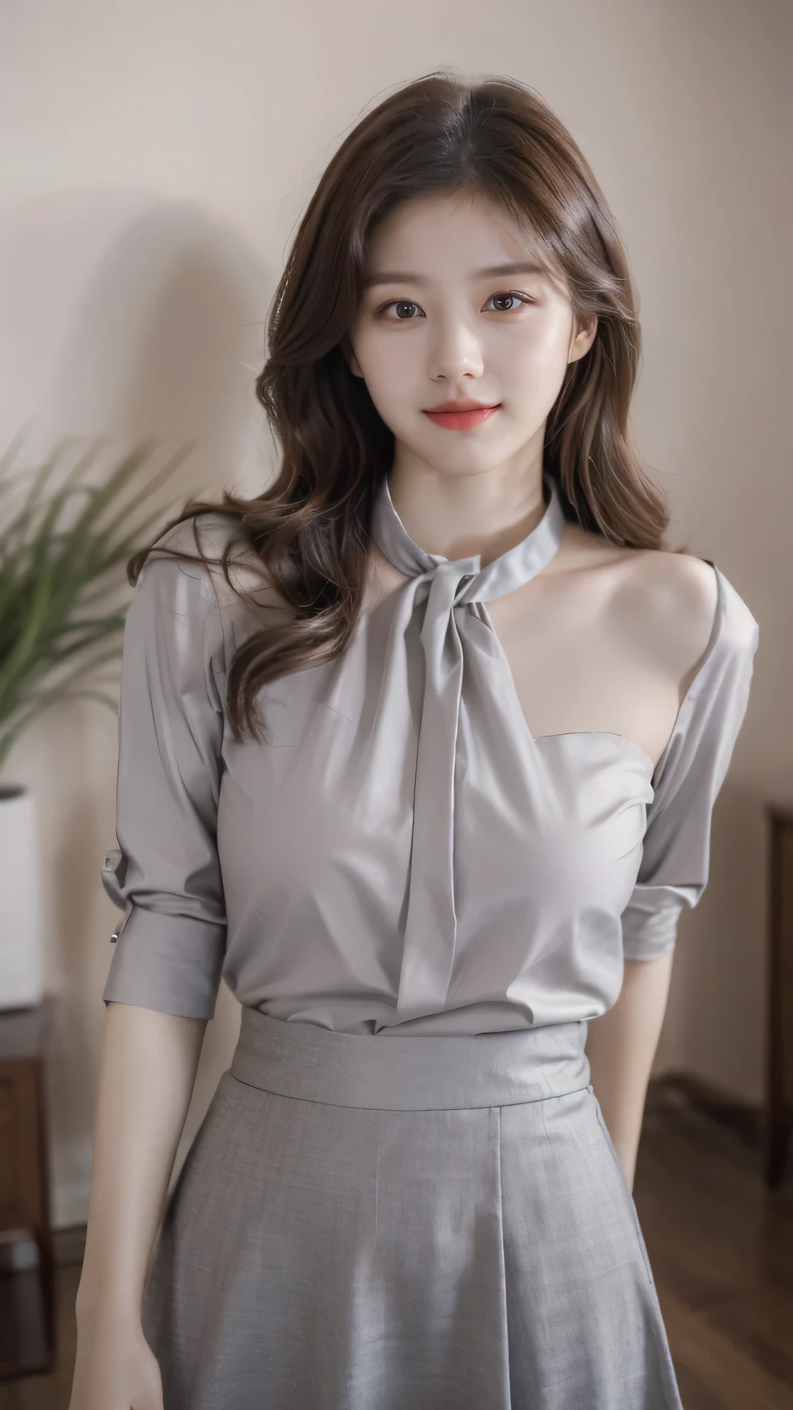 detailed background, masterpiece, best quality, 1 person , curly hair, long hair, purple eyes, star in eye , grey Strapless blouse, long skirt, grey, tight , grey blouse , collar design