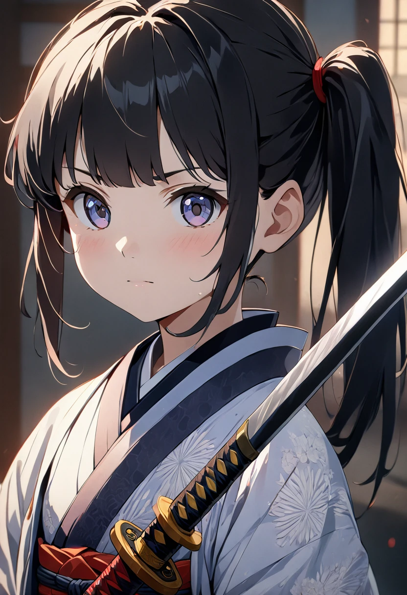 (((Best quality, 8k, Masterpiece: 1.3)), (detailed), perfect face, high resolution, Textured skin, anime style, Girl Samurai,  girl, black hair, side ponytail, A Japanese sword in its sheath, Kimono, Japanese clothing, 