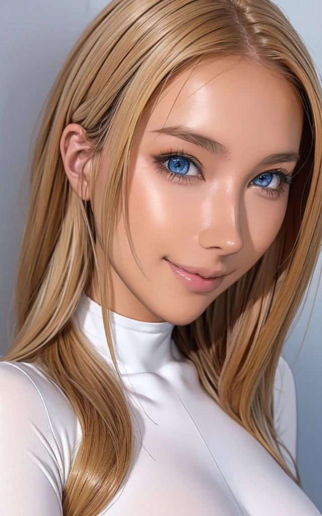 girl, smile, white bodysuit, blonde, blue eyes, Hyper Realistic