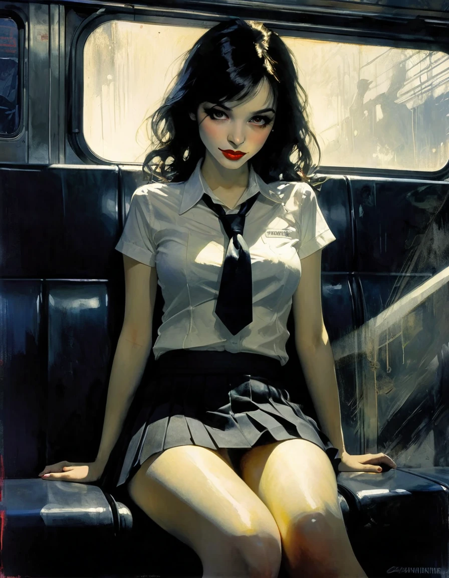 {{{on the train}}}, train interior, masterpiece, 1girl, sitting, school uniform, miniskirt, sitting, smirk, evil smile, skirt lift, show of panties, spread legs, front view of front seat, looking at viewer, eroticism, sexy, black and white image, between shadows, oil painting, chiaroscuro, sensual, dramatic lighting, moody atmosphere, photorealistic, intricate details, masterpiece, ultra-detailed, high quality, 8k, best quality, realistic, cinematic, dark and brooding, expressionistic, powerful composition, emotional impact, Bill Sienkiewicz inspired art