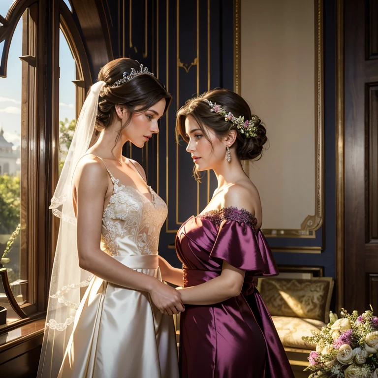 (Two elegant ladies in exquisite wedding gowns exchanging heartfelt kisses at a grandiose wedding ceremony),
detailed, ultra quality, cinematic lighting, beautiful bridal attire, stunningly intricate embroidery, delicate lace, elegant trains trailing behind, romantically captivating expressions, deeply moving moments, teary-eyed gazes, softly glowing ambient light, natural blush, crisp sharp focus, embodying the epitome of loveliness, subtly detailed pores and textured skin, besotted brides exchanging heartfelt vows, naturally glowing complexions, adj. (cinematic:1.8), (