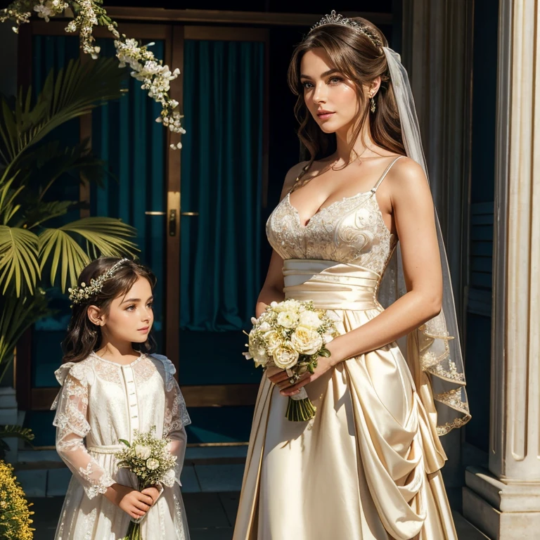 (masterpiece, best quality:1.5), highest quality, High resolution, super detailed, Realists, Upper body photo of a brunette 50 year old woman, detailed and beautiful eyes, beautiful detailed lips, very detailed eyes and face, longeyelashes, Mother of the bride dress made of shiny satin fabric, Beautiful and colorful makeup, elegant and noble々Pose,shiny satin headband, grind, Holding flowers, Gardens as background, soft daylight, bright colors, fine brushstrokes, Portrait style, Noble details in the dress fabric, beautiful color palette, glowing skin, First-class rendering, that captures every detail, enchanting atmosphere, subtle shadows and lights, (perfect anatomy:1.2), (The stunning mother of the bride stands next to a young bridesmaid and a flower girl, (magnificent panorama view:1.2)