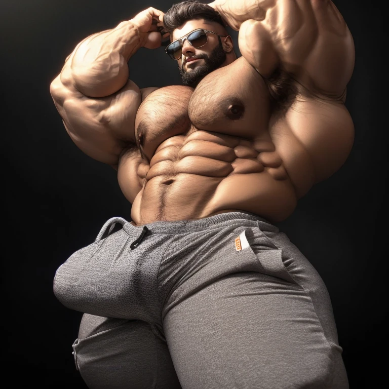 vpl, Bulge, hyper growth, hyper muscles, furry growth, a very handsome young man, sunglasses, shirtless wearing gray long pants, on a black background