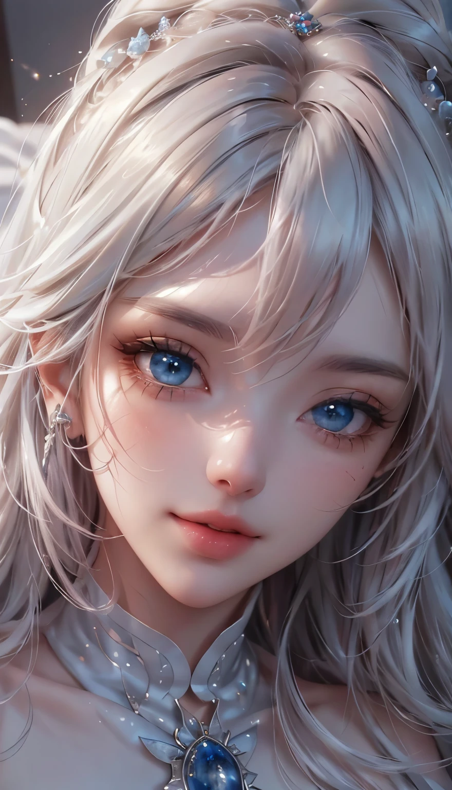 landscape of an woman, landscape of a very beautiful woman,(((extreme face close up))), Nao Tomori/(Charlotte/), anime style, (((lie sideaways)))!!!, (lie sideaways on the bed), super seductive temptation, looks at the camera with beautiful blue eyes, Ultra Detailed, A detailed eye, (Beautiful blue eye's like sapphire :1.40)!!, Stars in her fixed eyes, (homochromatic eyes)!!!, seductive smile, beautiful smile, gorgeous smile, Perfect nose, Cute little nose, beatiful face, Face Clean, Skin, hyper realistic, Incredibly detailed face, hyper detailed face, A face with a lot of detail, Perfect eye shadow, wink, Hyper-Detailed Eyes, Hyper-detailing of eyebrows, Hyper-detailed eyelashes, white hair between eyes, White hair bangs, (ultra shine white hair)!!, (curvy hair with double tied up)!!, ((dynamic composition)), Best Quality, Masterpiece, Ultra-detailed, Beautiful, hight resolution, Original, CG 8K, perfect artwork, dramatic lighting, (Realistic) Realistic, Full HD, Best Quality, Best Quality, Beautiful lighting, (8k wallpaper of extremely detailed CG unit), High Details, sharp-focus, The art of dramatic and photorealistic painting, ((In bed)), dynamic composition